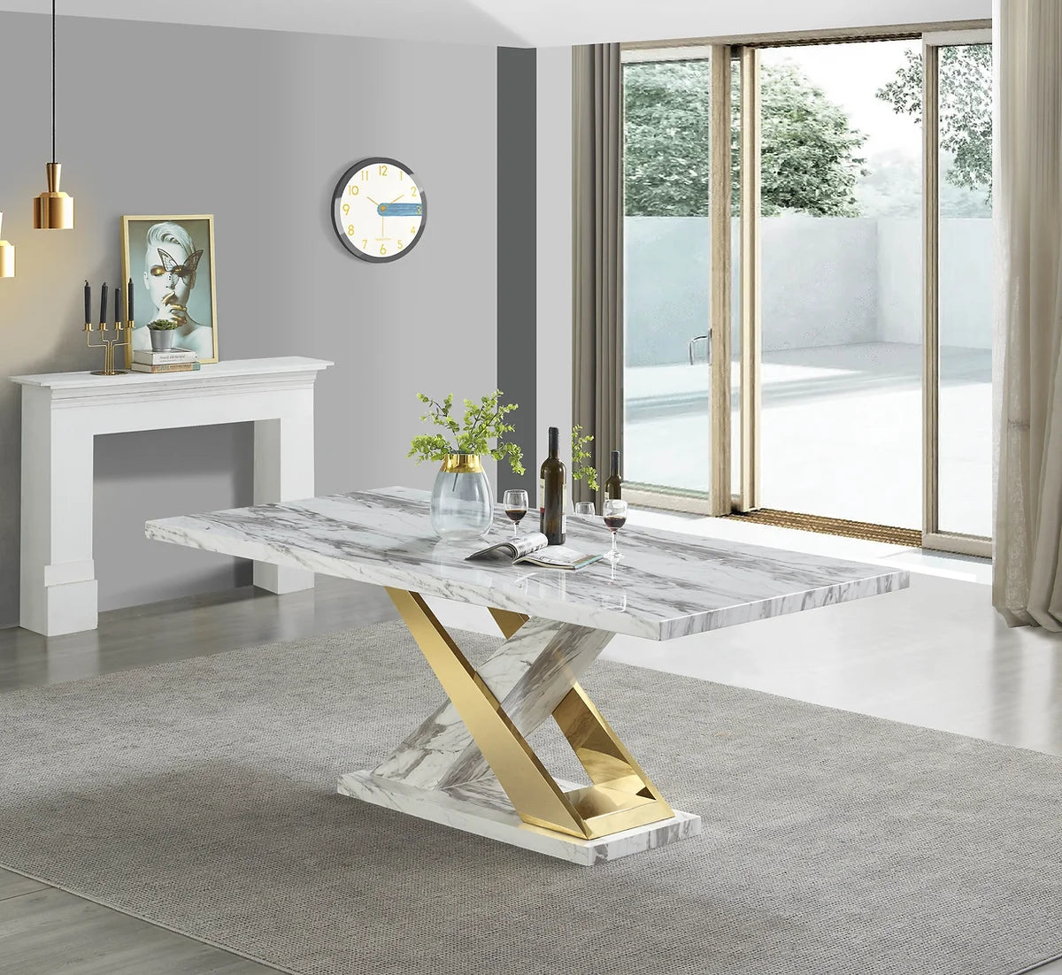 Viva White/Gold Faux Marble Dining Set D610