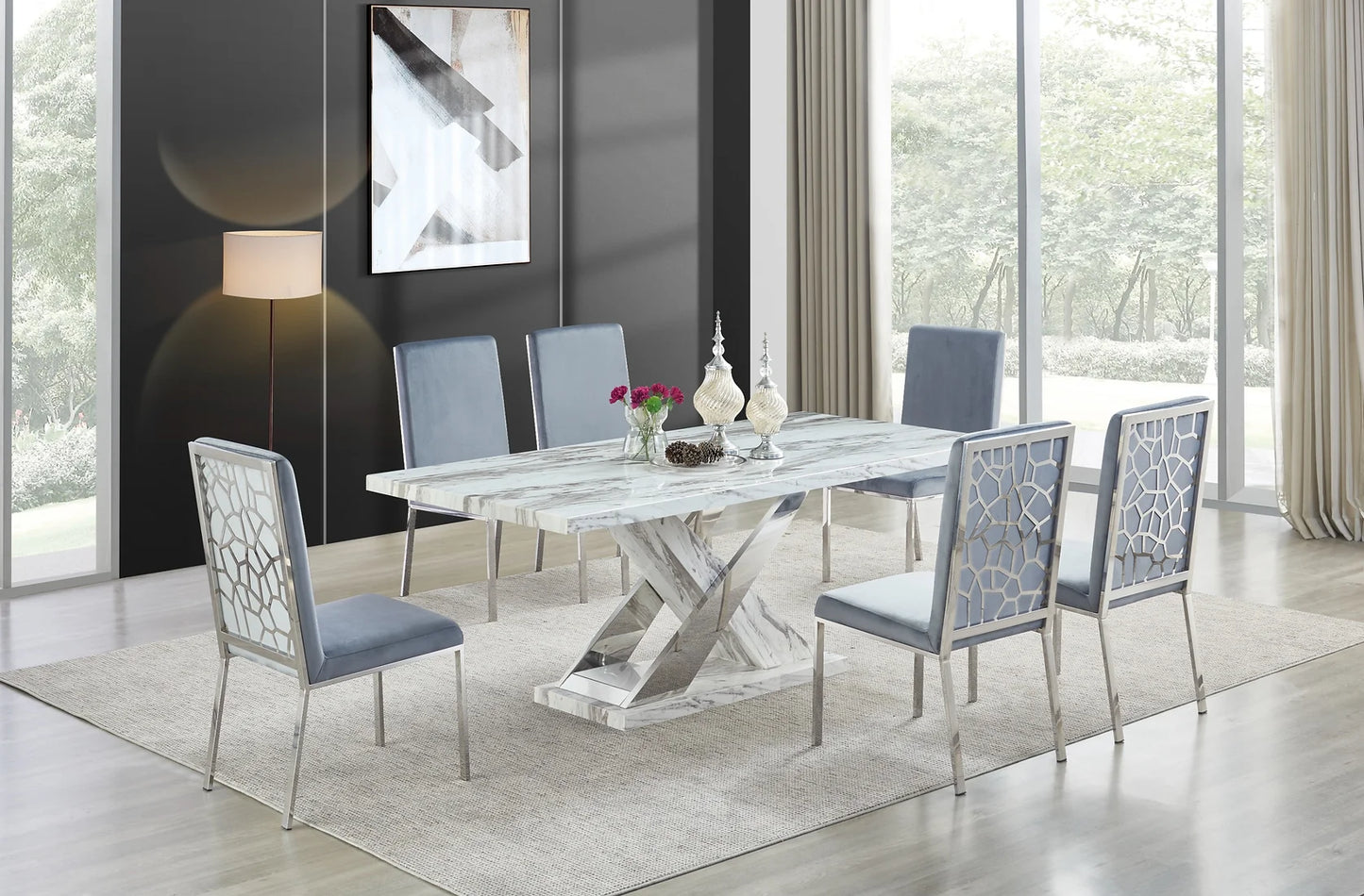 Viva White/Grey Faux Marble Dining Set D610