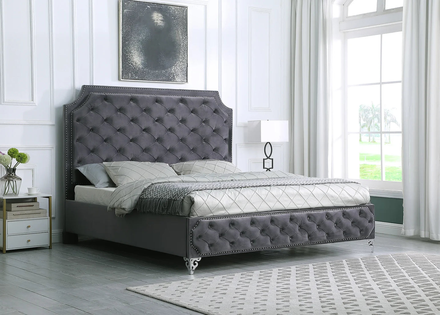 Leilah Platform Grey Velvet King Bed B830