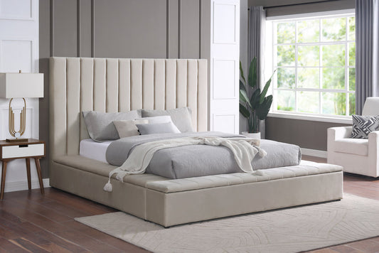 France Beige Velvet Queen Platform Bed
