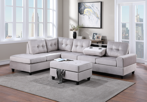 Heights Silver Velvet Reversible Sectional with Storage Ottoman