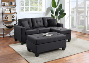 Naomi Reversible  Black Linen Sectional  with Ottoman