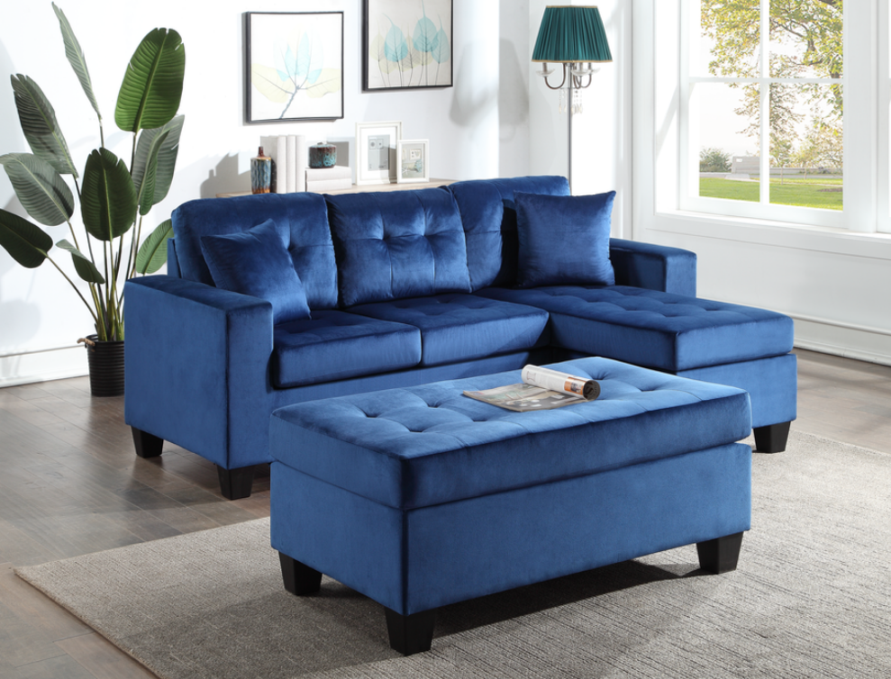 Naomi Reversible Blue Velvet Sectional with Ottoman – Harwin Furniture