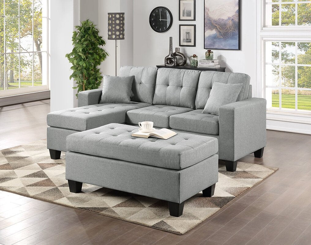 Naomi Reversible Light Grey Linen Sectional  with Ottoman