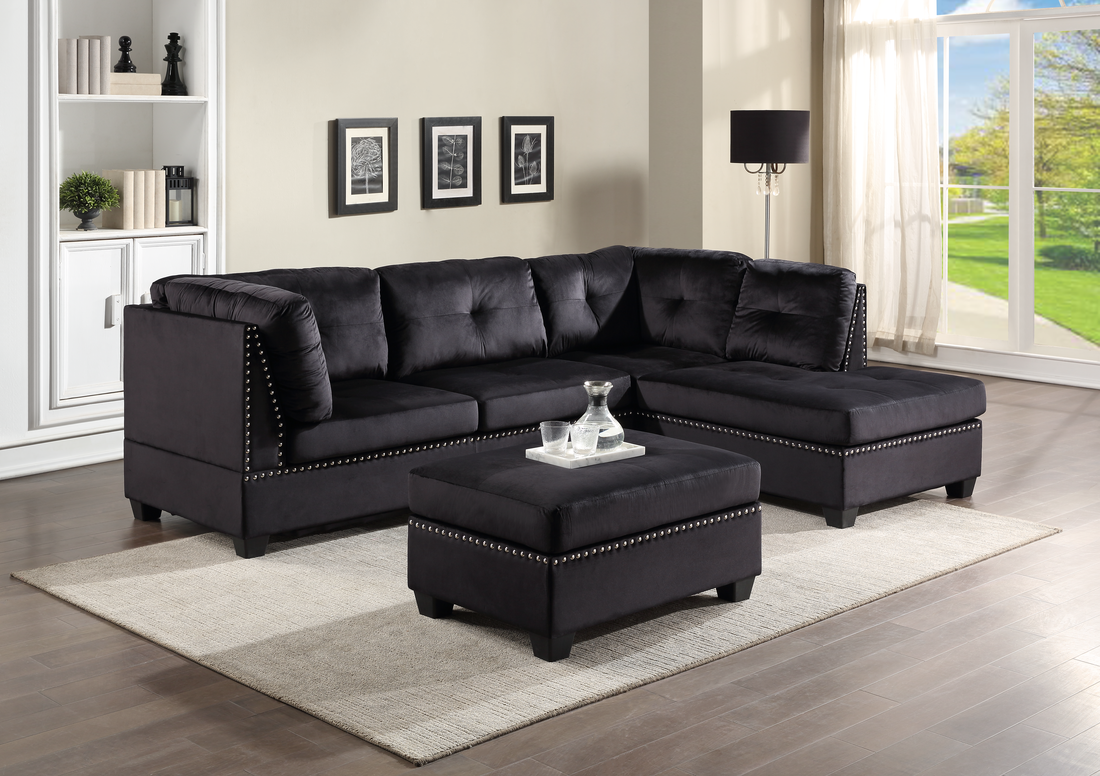 Sienna Black Velvet Sectional with Ottoman