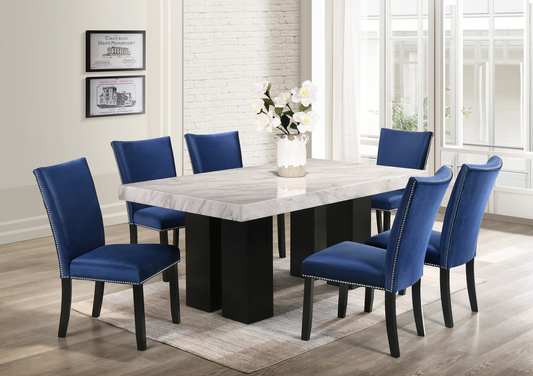 Finland Blue Velvet 7pc Dining Room Set (GENUINE MARBLE)